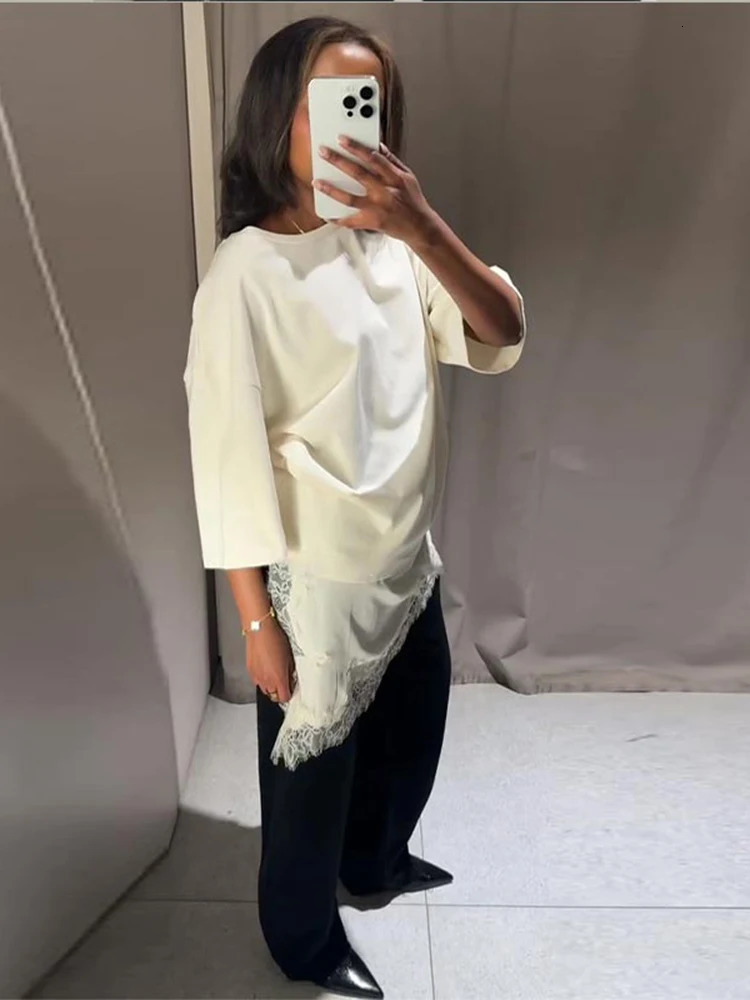 Lace Spliced Irregular Top Women Loose O-neck Half Sleeve White Black T-shirts Female 2026 Fashion Lady All-match Chic Tops 260120