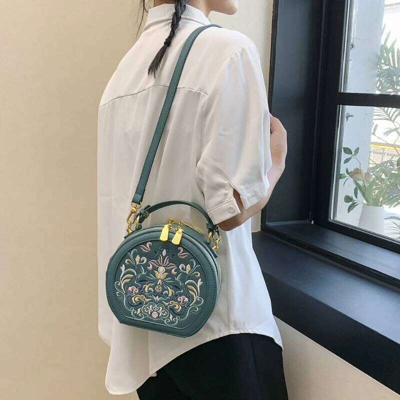 Retro Embroidery Round Handbag Exquisite Mini Cute Girls Shoulder Ladies Leisure Personality Crossbody Bag PU Material
