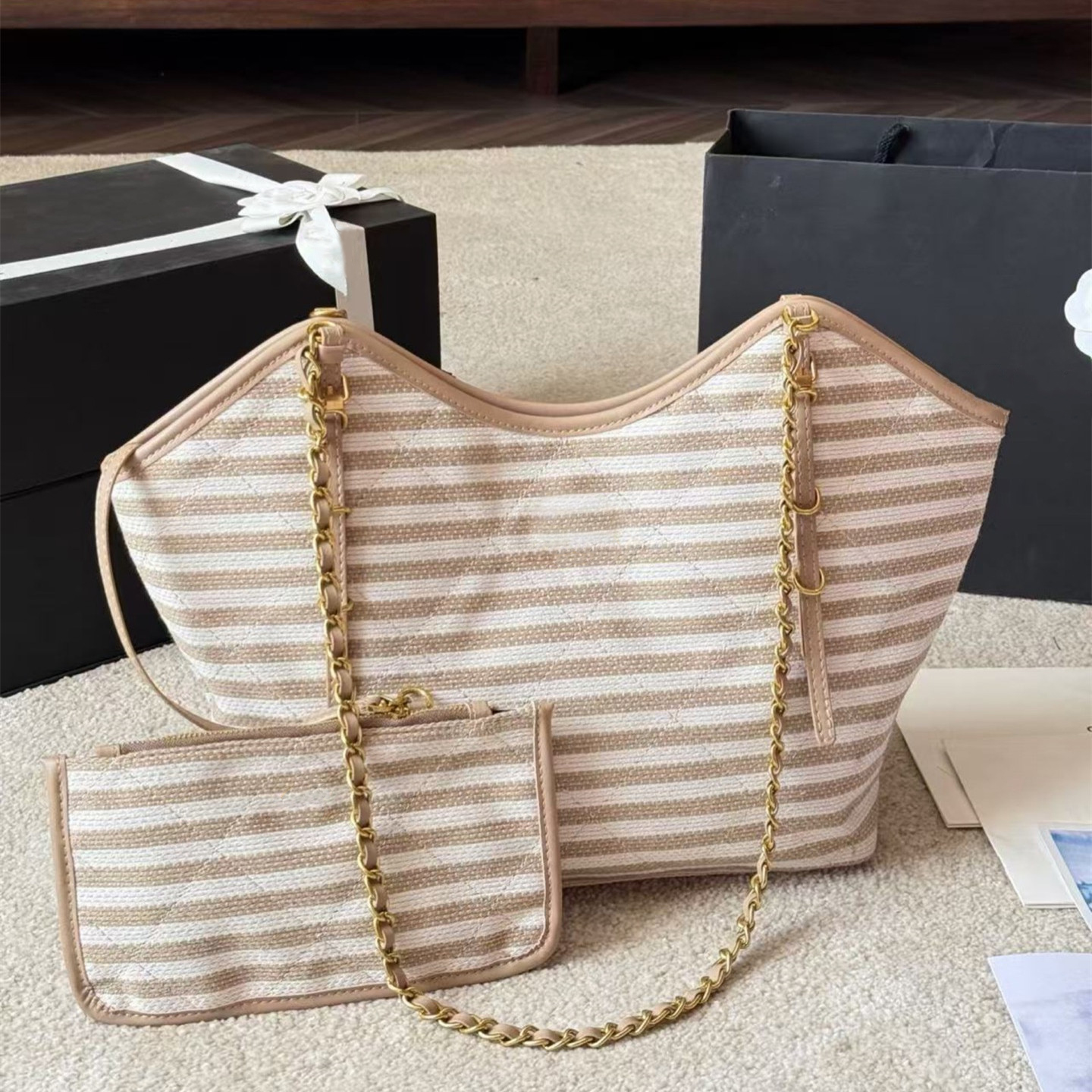 Designer Tote Bag Luxury Stripe Straw Shoulder Bag Woman Beach Bag Fashion Chain Handbags Crossbody Bag Travel Totes In New Summer Seaside Lady Lafite Grass Woven Bag