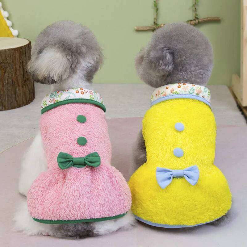 Luxury Fleece Dress Coat Winter Pink Yellow Warm Dog Clothes For Small Dogs Chihuahua Dachshund Sleeveless Hoodie Dresses Outfit H260130