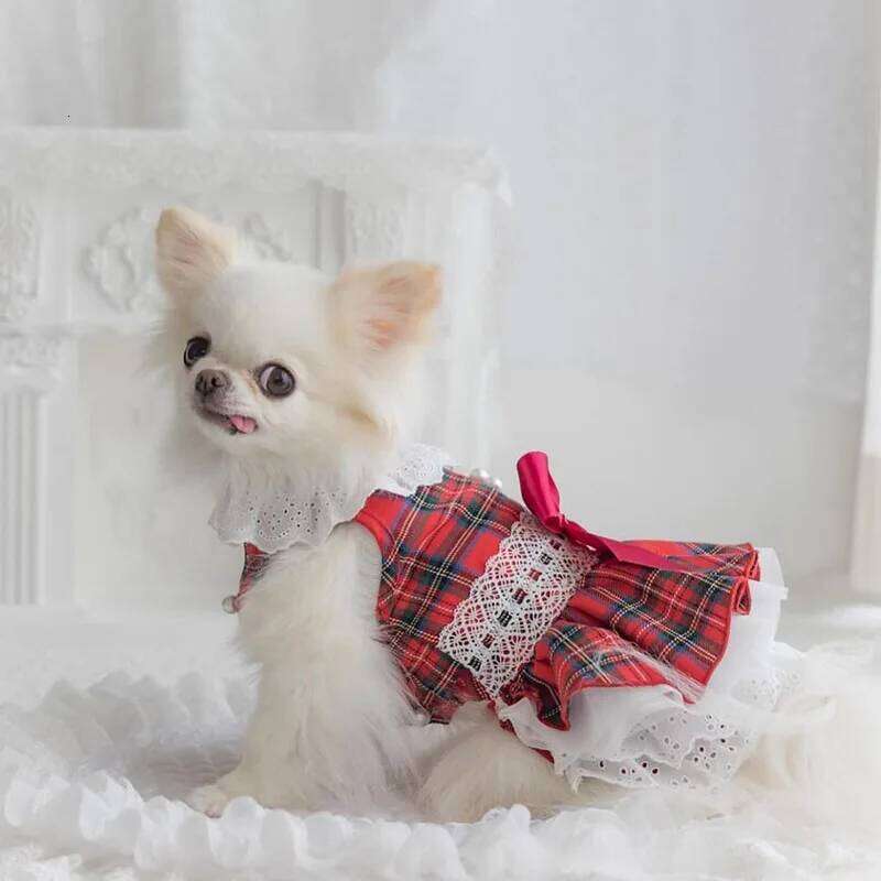 Plaid Fleece Dog Dress & Skirt Set - Winter Christmas Apparel with Adjustable Straps, Warm Lace Trim for Yorkie Chihuahua Puppy H260129