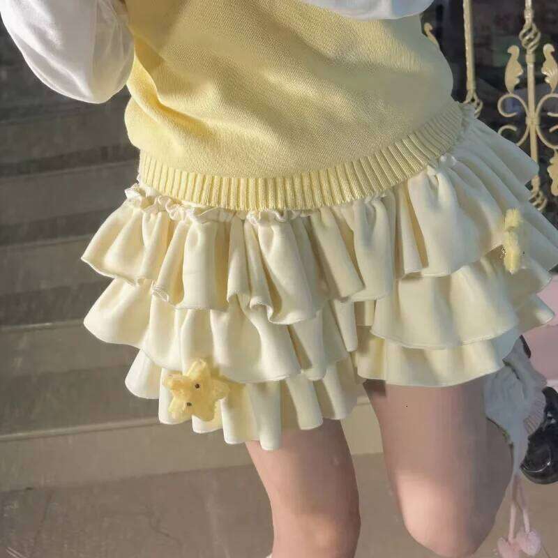 Kawaii Lolita Mini Women Elastic Japanese Korea Sweet Casual Female Ruffle Soft Plush Warm Cake Skirt Autumn Winter XJ260131