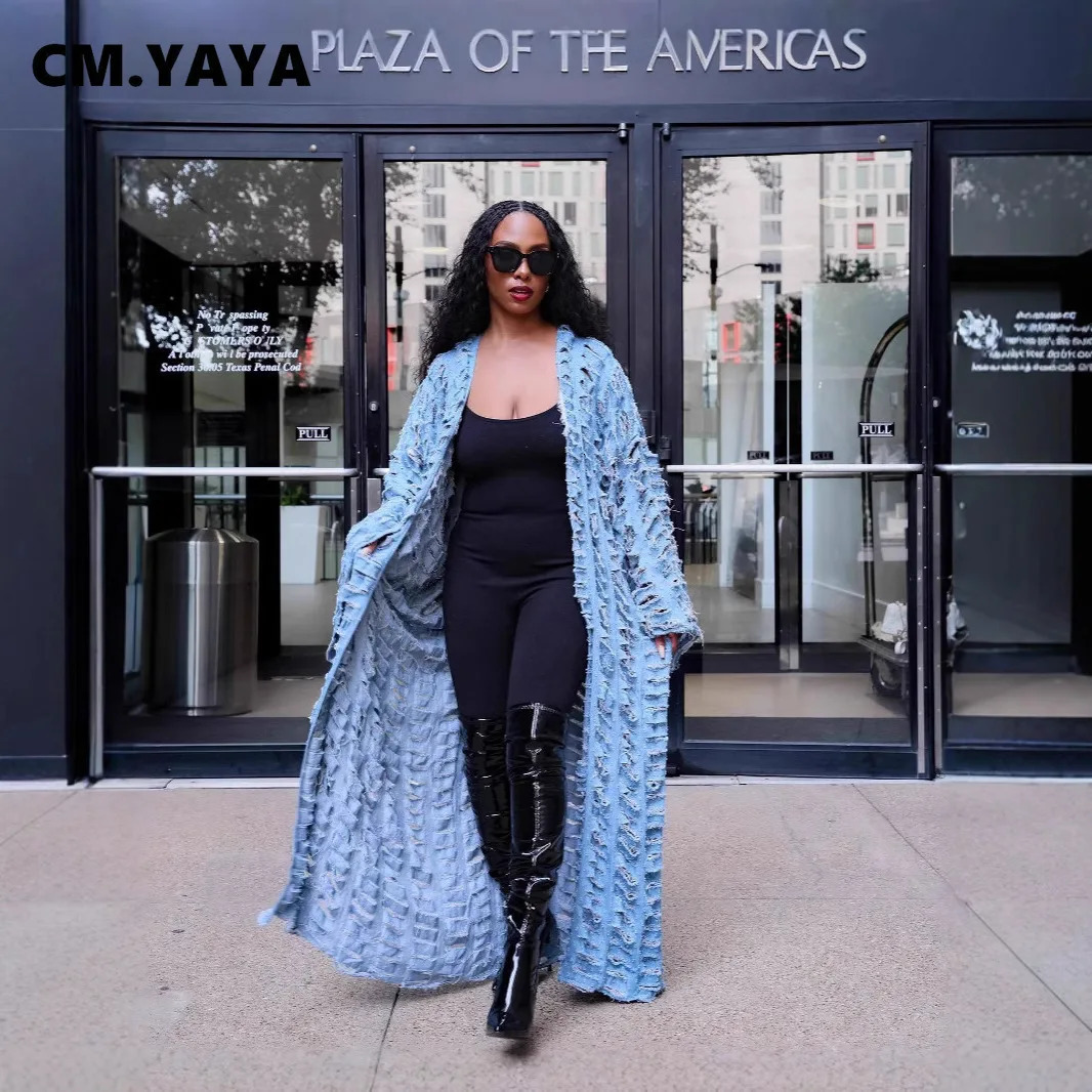 CMYAYA Women Vintage Cutout Denim Hollow Out Long Trench Coats 2025 Spring Winter Fashion Street Loose s 260120