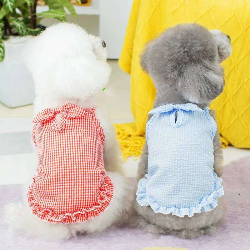 Dog Bowknot Dress Comfortable Soft Square Neck Sleeveless Plaid Print Puppy Pet Supplies H260129