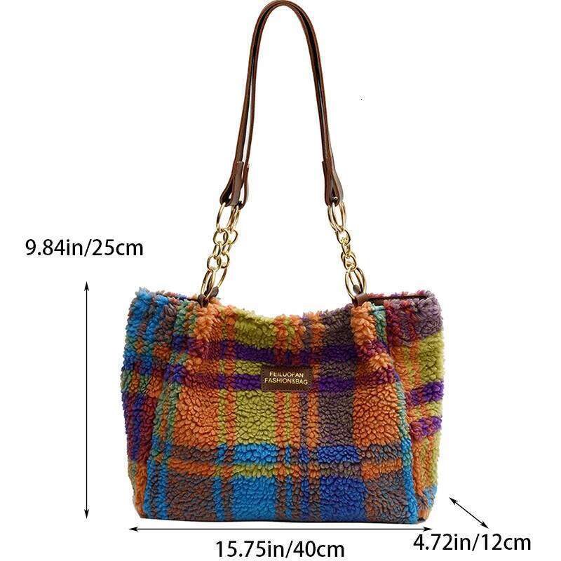 Women's Plaid Pattern Sherpa Large Capacity Tote Bag Shopping Chroma Handbag