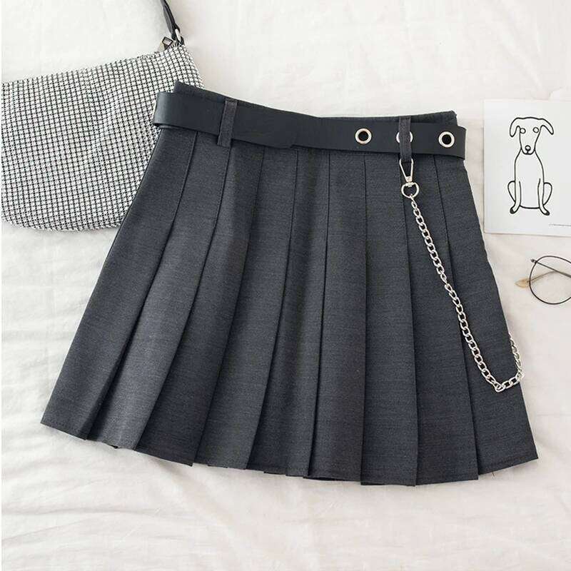 Black Pleated with Chain-Belt Punk Rock Girl Cheerleading Belted Mini Skirt Alt Women E-girl Outfit XJ260131