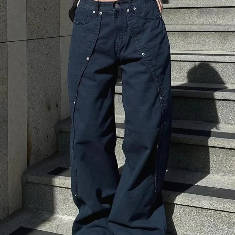 Jeans for Woman Y2k Clothes Relaxed Loose Fit Wide Leg Trousers Vintage American Retro Style with Rivet Patchwork Split 260120
