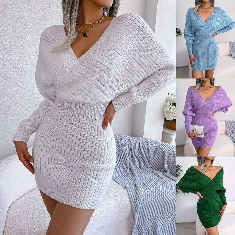 Sexy Cross Deep V Neck Batwing Sleeve Knitted Skirt with Hip Wrapping Autumn Winter Ribbed Design Party Dress for Woman XJ260131