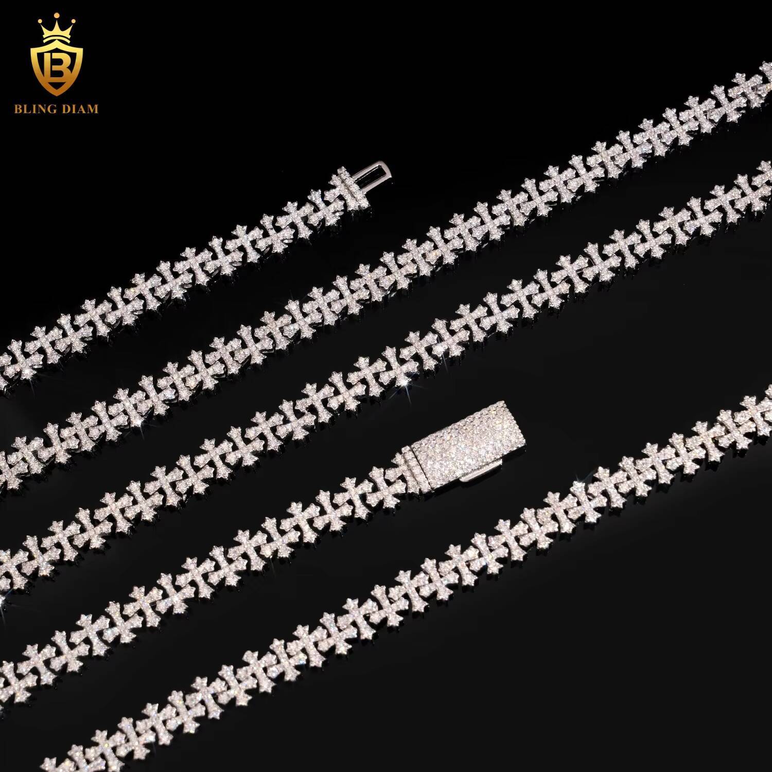 In Stock Iced Out Moissanite Cross Cuban Link Chain HipHop Style 85mm S925 Silver Moissanite Cuban Chain Pass Diamond Tester