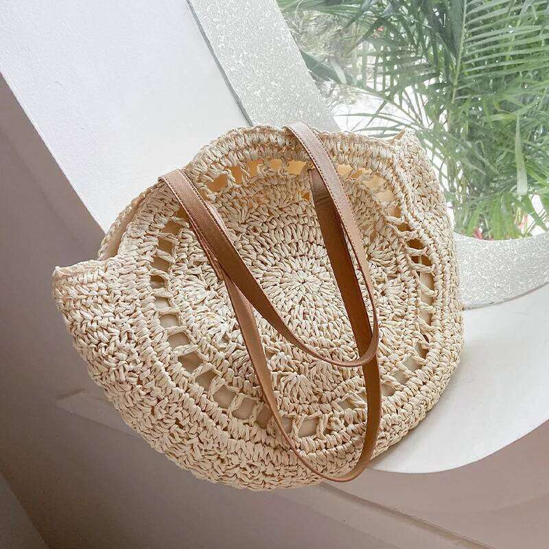 Summer Round for Women Rattan Shoulder Travel Handmade Woven Beach Handbags Female Large Capacity Totes Bag XJ260130