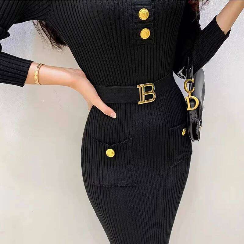 YuooMuoo Women Korean Fashion O-neck Slim Waist Knitted Pencil Dress with Belt Office Lady Bodycon Vestidos 2024 Winter XJ260131