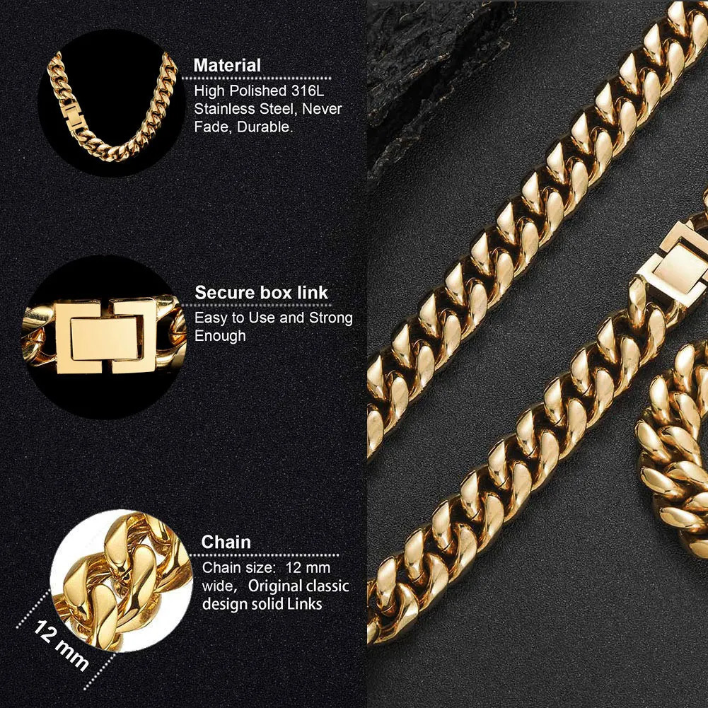 6-16mm Gold Color 316L Stainless Steel Curb Cuban Link Chain Bracelet Bangle Jewelry 7-9inch for Men Women 260126