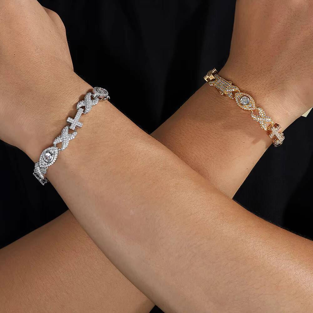 NUOYA New Style 925 Sterling Silver Iced Out Inlaid Shiny VVS Moissanite Cross With Diamond Eyes Link Chain Hip Hop Bracelet