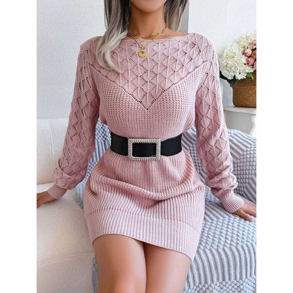 Hollow Out Long Sleeve Casual Knitted Sweater Women Autumn Winter 2026 Clothes Without Belt Pink Blue White Mini Dress XJ260131