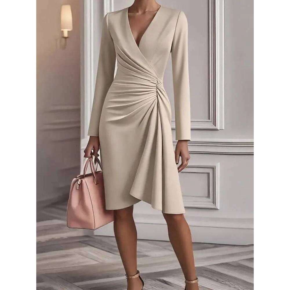 Fashion V Neck Dress For Women Elegant Solid Long Sleeve Waist Loose Dresses Vestidos Robe Femme Chic High Street Clothes XJ260131