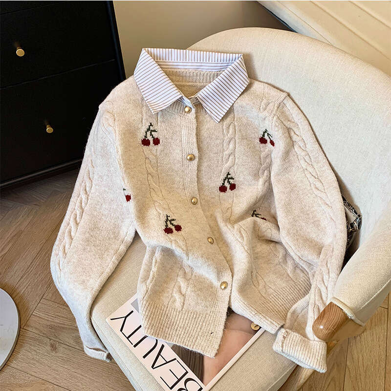 Counter Withdrawal Cut Label Fake Two-Piece Shirt Collar Sweater Coat Women Autumn Winter New College Style Soft Knitted Cardigan