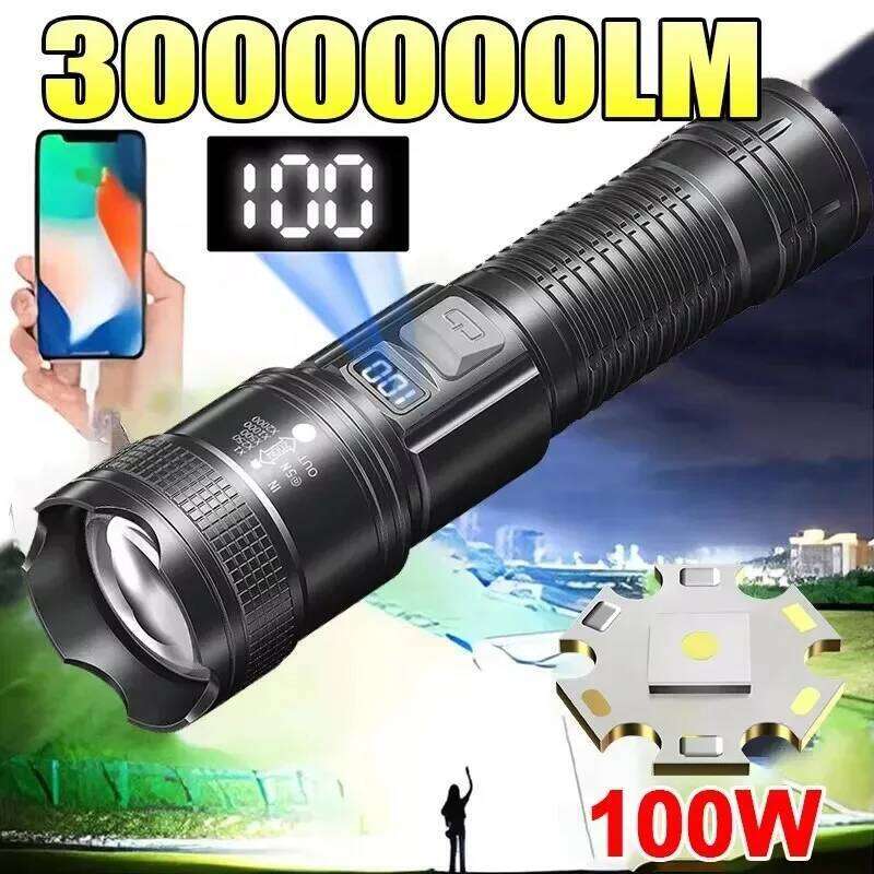 High Strong Power Led Flashlights 300000LM Tactical Torch with Display Light USB Charging Camping Fishing Defensa Zoom Lantern H260131