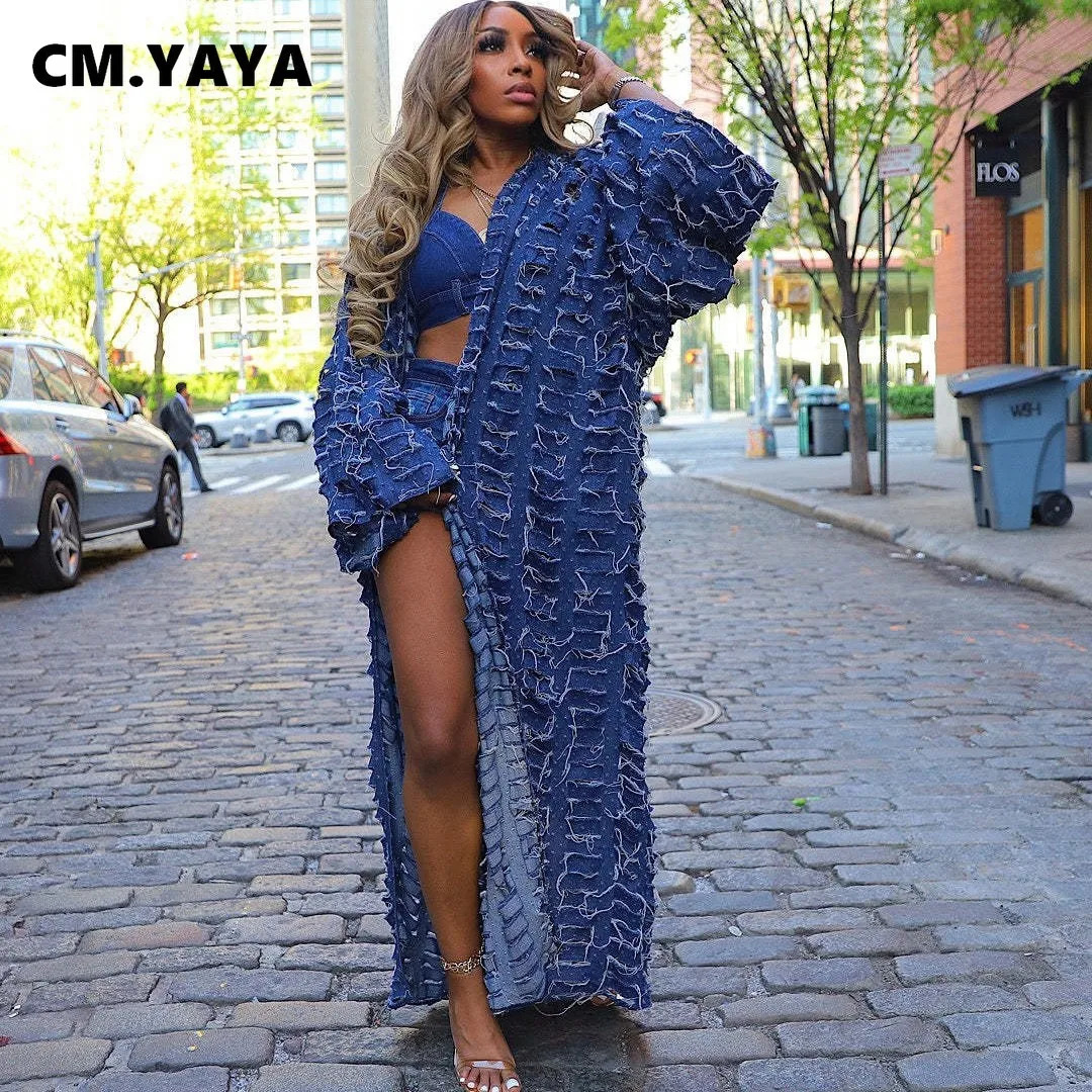 CMYAYA Women Vintage Cutout Denim Hollow Out Long Trench Coats 2025 Spring Winter Fashion Street Loose s 260120