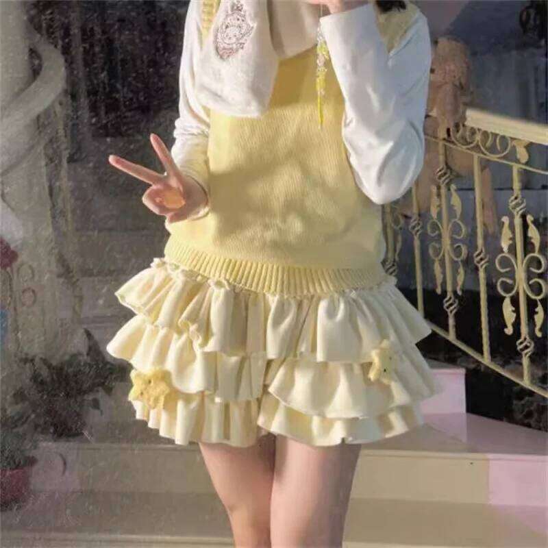 Kawaii Lolita Mini Women Elastic Japanese Korea Sweet Casual Female Ruffle Soft Plush Warm Cake Skirt Autumn Winter XJ260131