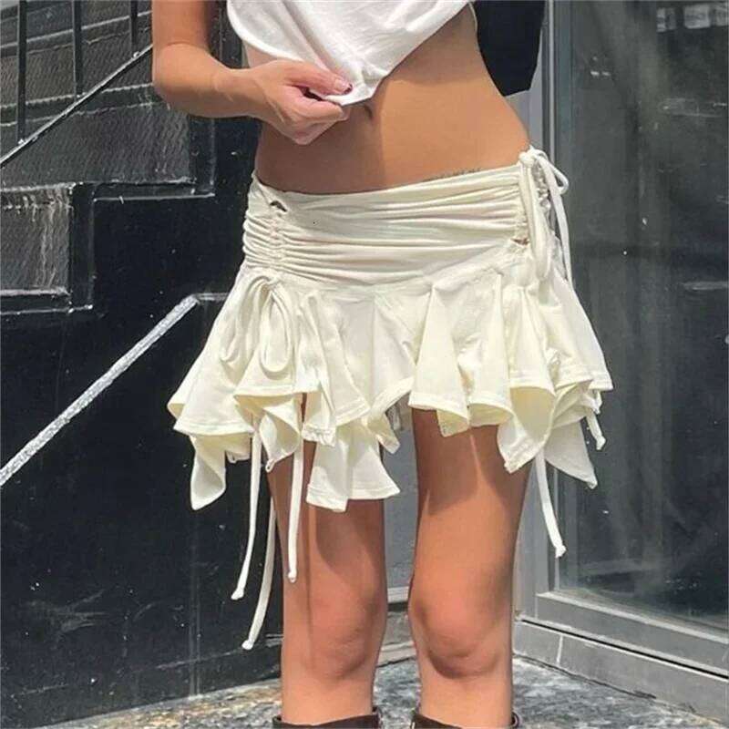 Y2k Clothing Women Solid Color Gothic Punk Irregular Skirts Summer Drawstring Tie-Up Ruched Ruffles Mini Skirt Streetwear XJ260131