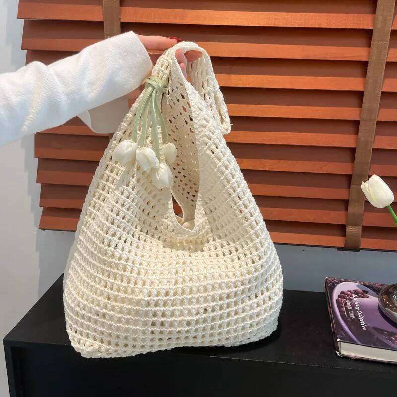Trendy Sweet Crochet Shoulder Bag with Tulip Pendant Leisure Beach Hollow Handbag Women Vacation Casual Woven Totes XJ260130