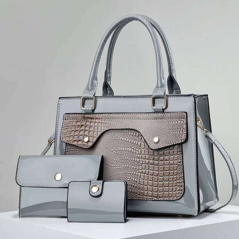 Women's fashion simple crocodile texture leather bag three-piece set wallet card case handbag