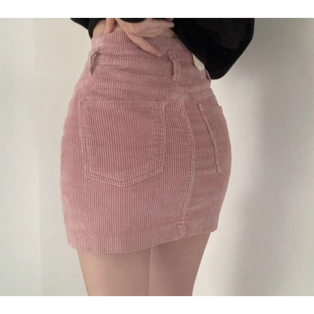 Corduroy Clothes Solid Button Design Date Girls Office Lady Pink Black High Waist Sexy Mini Cute Skirts XJ260131