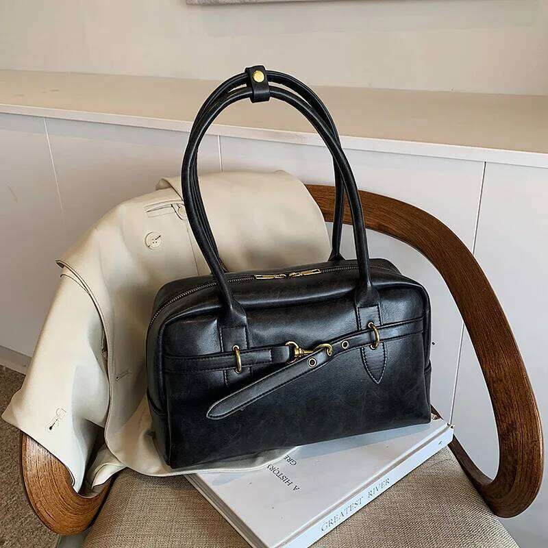 Spring Square Shoulder Bags for Women Retro Small Boston Bag Pure Color PU Leather Large Capacity Totes Latest Trend Handbag
