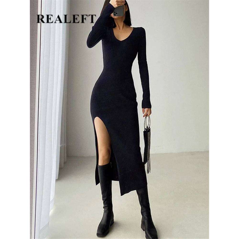 REALEFT Autumn Winter French Sexy Slit Women's Sweater Dress Female V-Neck Slim Tight-fitting Wrap Dresses 2023 New XJ260131