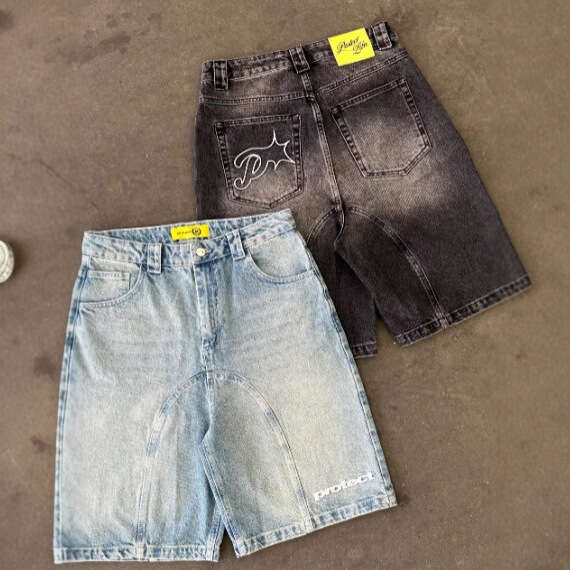 European and Cross-Border Retro Casual American Street Style Embroidered Trendy Loose Harajuku Washed Denim Five-Point Shorts Summer