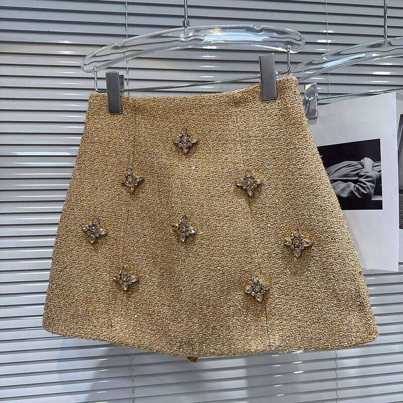 DEAT 2025 Autumn New Fashion Rhinestone Flower Shiny Thick Tweed Short Skirt For Women Mini A-Line Skirts Female Trendy 11A06409 XJ260131