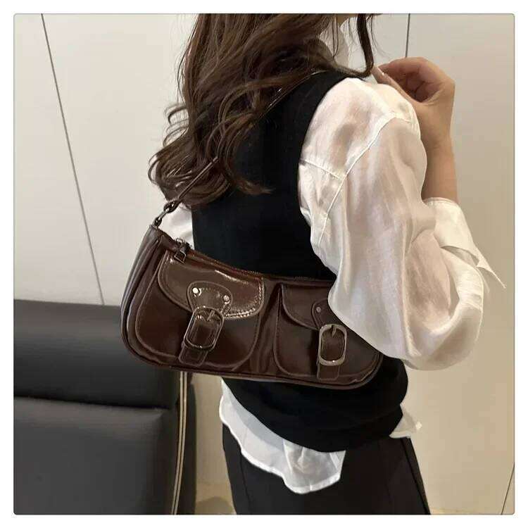 PU Leather Baguette Bag: Two-Pocket Top Handle & Shoulder Bag for Women | 2025 Fall/Winter Solid Color Y2K Vintage Style XJ260130