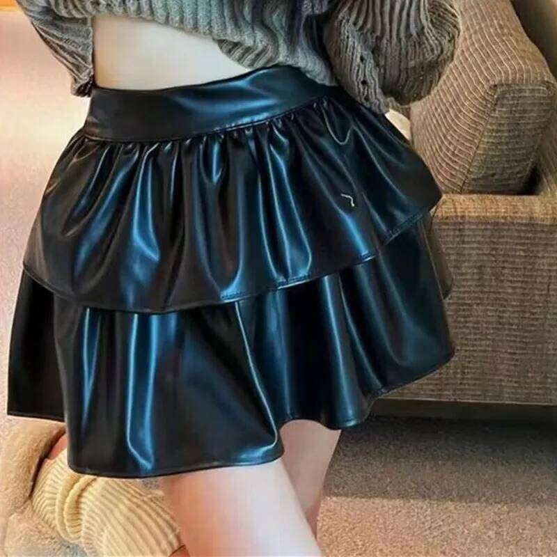 2023 Spring Summer White Black Leather Women Mini Female High Waist Pleated A-line Short Skirt Teenage Girl Skirts XJ260131