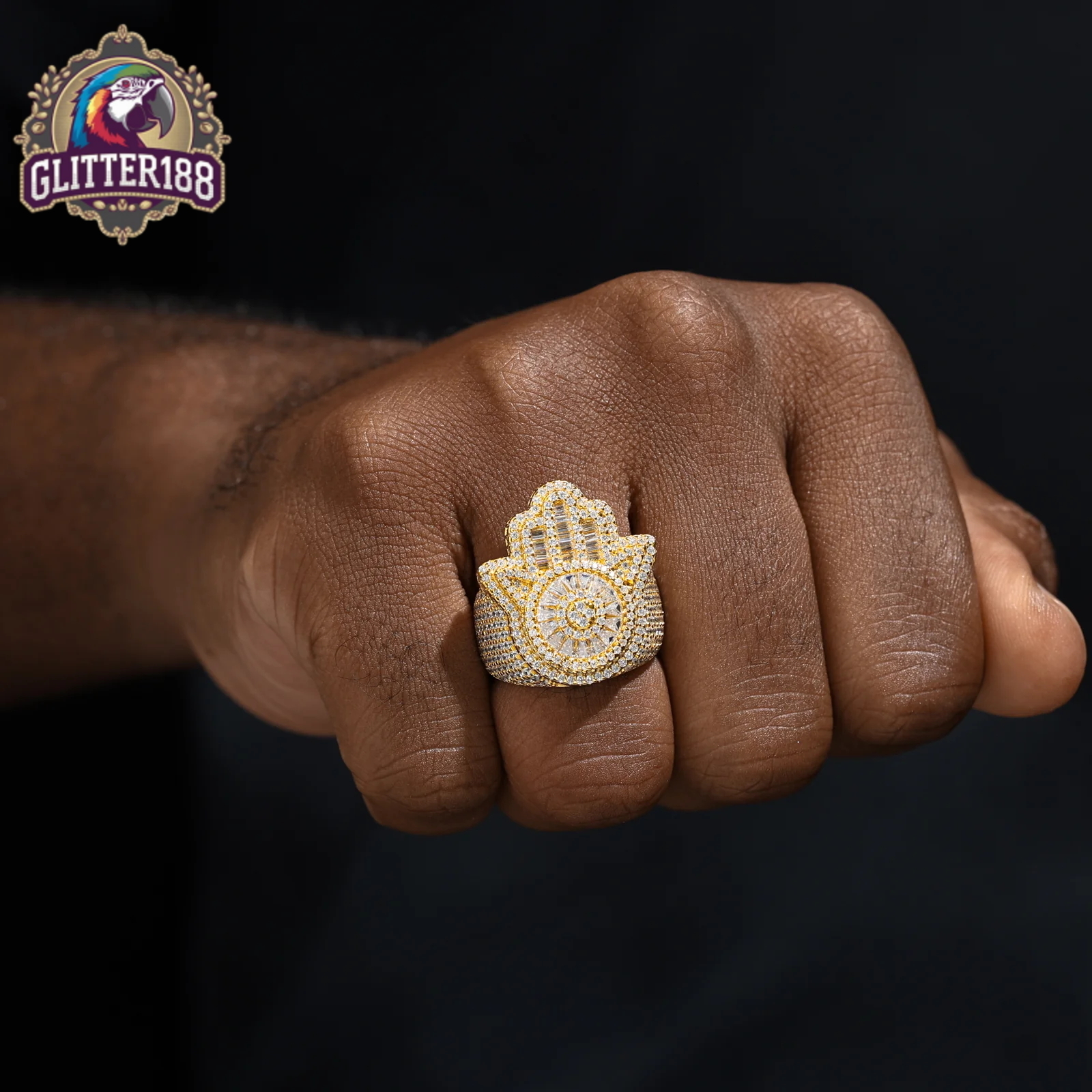 2026 Micro Paved vvs moissaniteia vvs moissanite Lucky Turkish Hamsa Hand Shaped Hip Hop Men Finger Rings