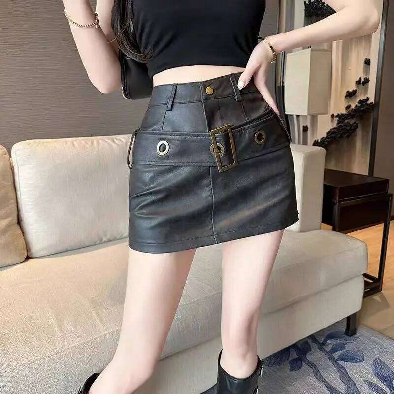 Vintage PU Skirts Sexy High Waist A-line Mini With belt Women Bodycon Party Skirt Spring Summer Streetwear XJ260131