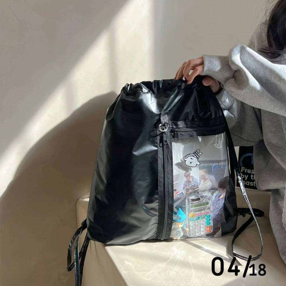 Original Large Capacity Drawstring Shoulder Bag Casual Transparent Simple Style Nylon Backpack for Girls Lightweight Portable
