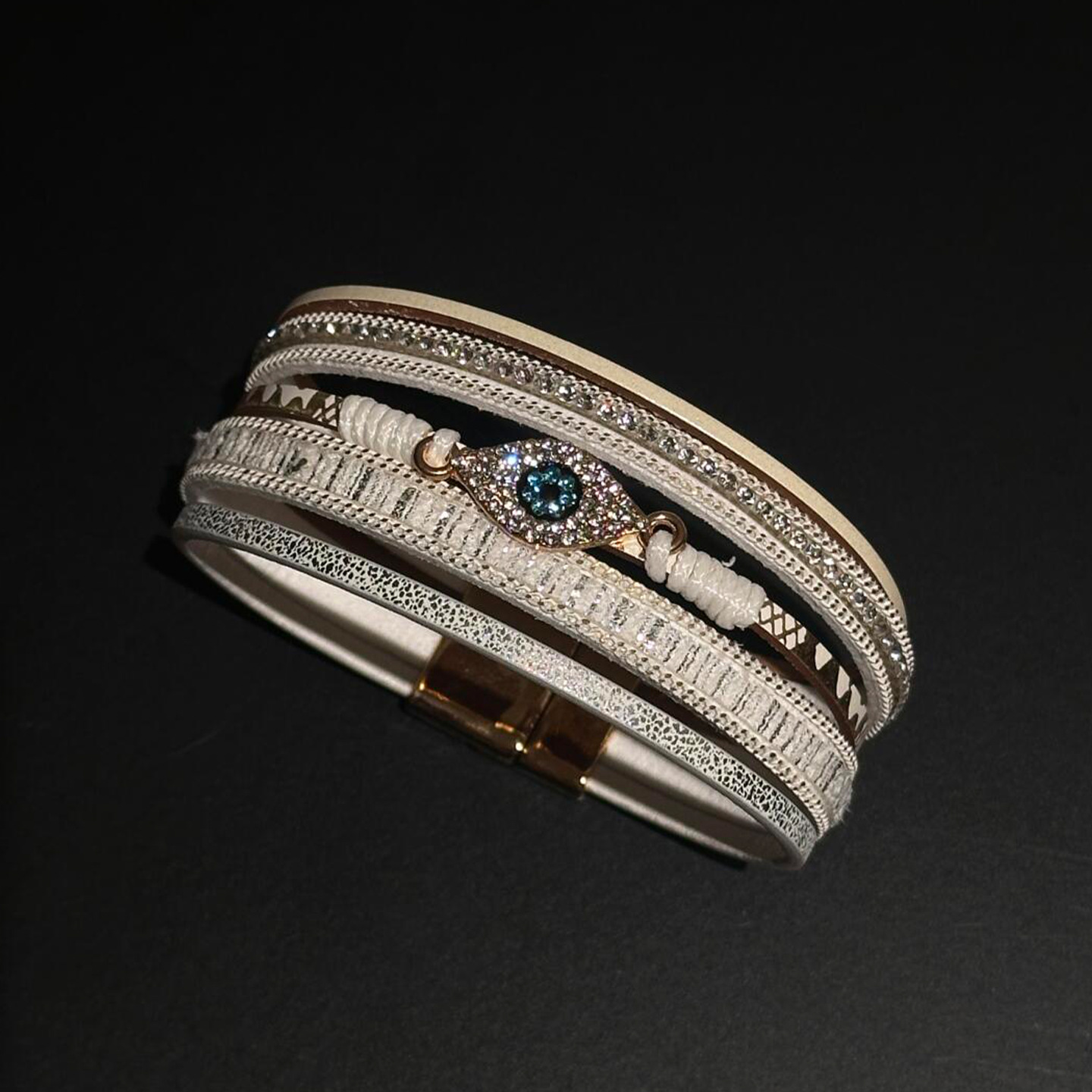 Inlaid Diamond Leather Devil's Eye Multi-layer Magnetic European and American Retro Light Luxury Bracelet Niche Design Sense Jewelry for Women