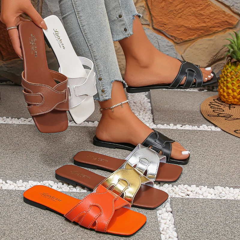 2025 summer solid color womens simple square toe open casual slippers comfortable flat sandals 260126