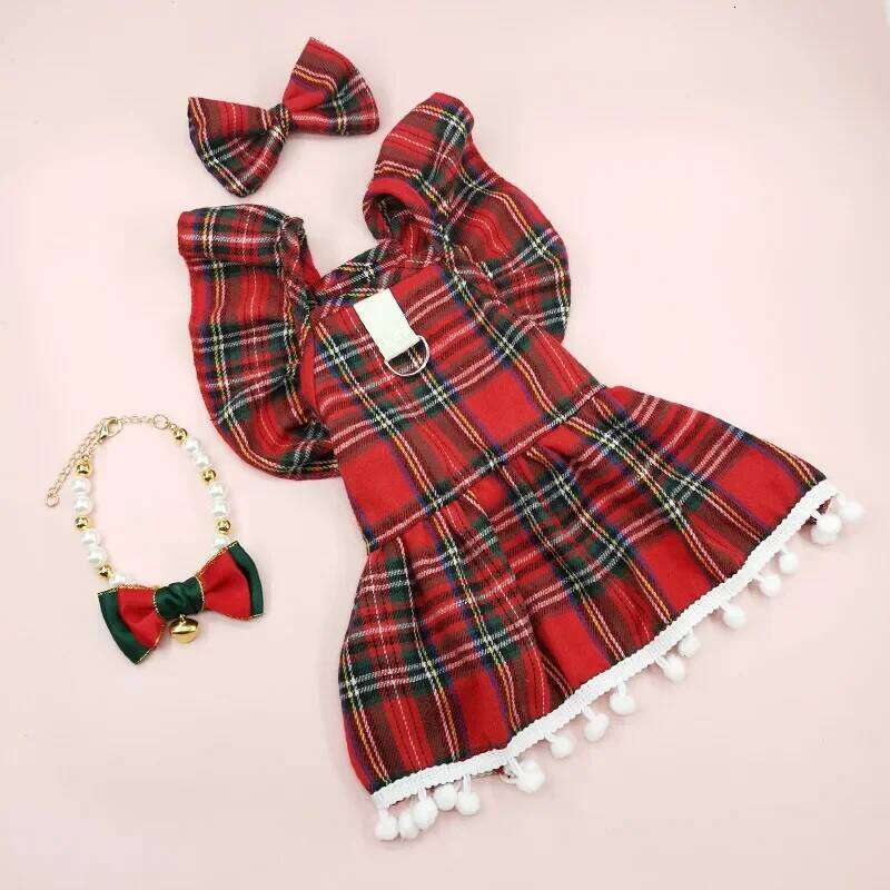 Dresses Strap Autumn Winter Skirt Cat Pet Clothing Cosplay Christmas Checker Clothes for Small Dog H260129