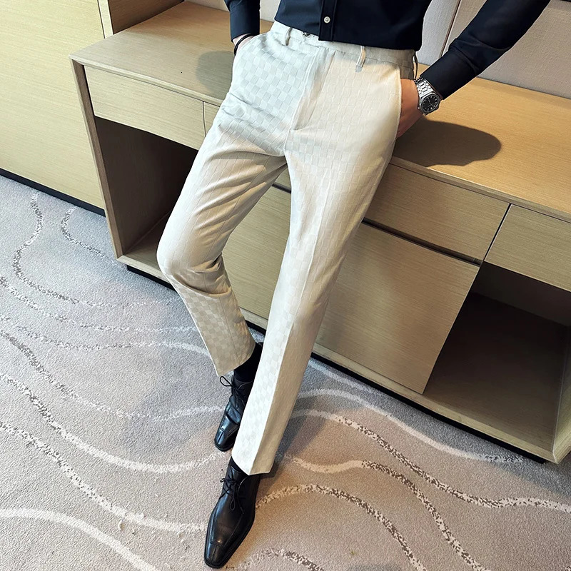 Mens Suit Pants Fashionable Slim Fit Business Social Office Formal Wedding Party Checkered 260120