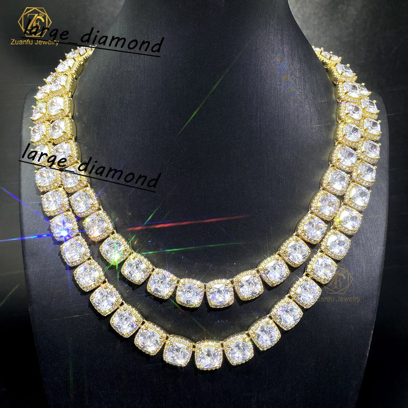 ZUANFO 10mm Iced Out Cuban Link Chain Baguette Cut Moissanite Hip Hop Jewelry Silver Flower Cluster Tennis Necklace