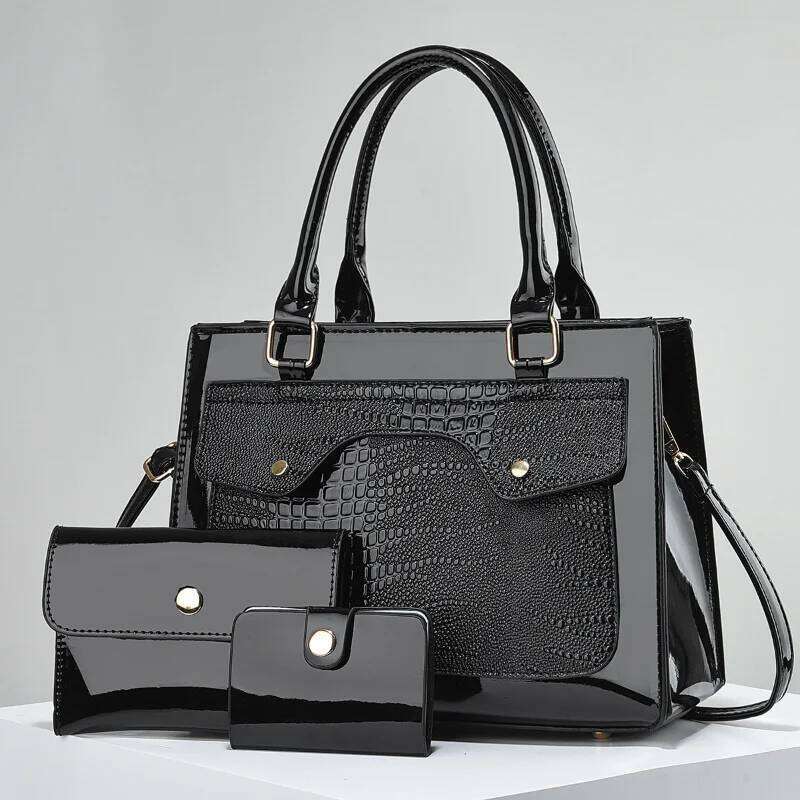 Women's fashion simple crocodile texture leather bag three-piece set wallet card case handbag