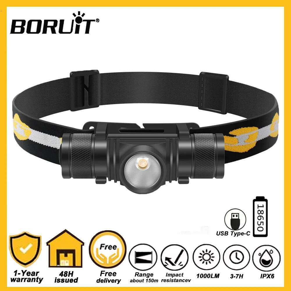 BORUiT D10 LED Headlamp 18650 Battery Type-C Rechargeable Headlight Waterproof Work Flashlight Fishing Camping Head Torch H260131