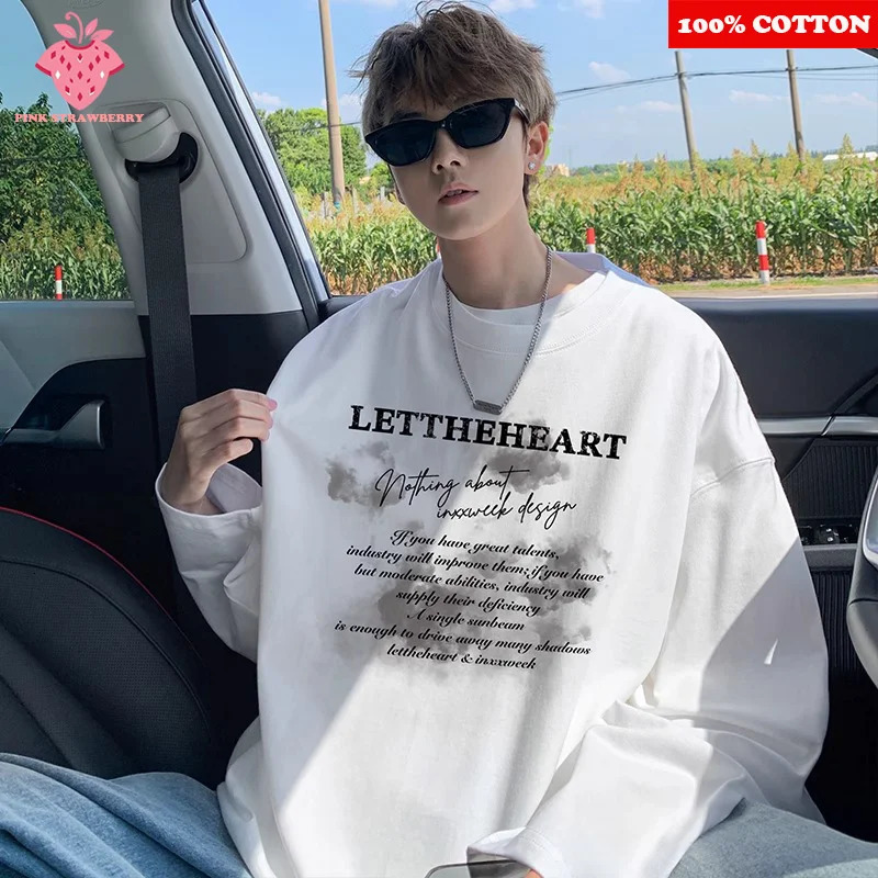 American Letter Print Long sleeved T-shirt Men Autumn 100 Cotton Loose Casual White T-shirt Y2k Top Youth men clothing 260118