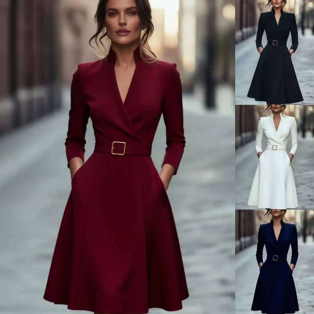 2026 Spring Autumn Womens New Solid Color V-neck A-line Belted Waist Slim Fit Flared Office Commute Versatile Long Dress XJ260131