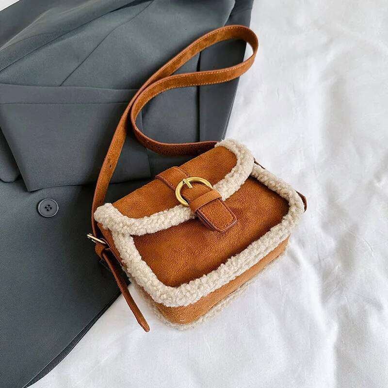 Autumn Winter Plush Bag Women's Korean Retro Small Square Handbags New Suede Lamb Wool Patchwork Shoulder Crossbody Bags XJ260131