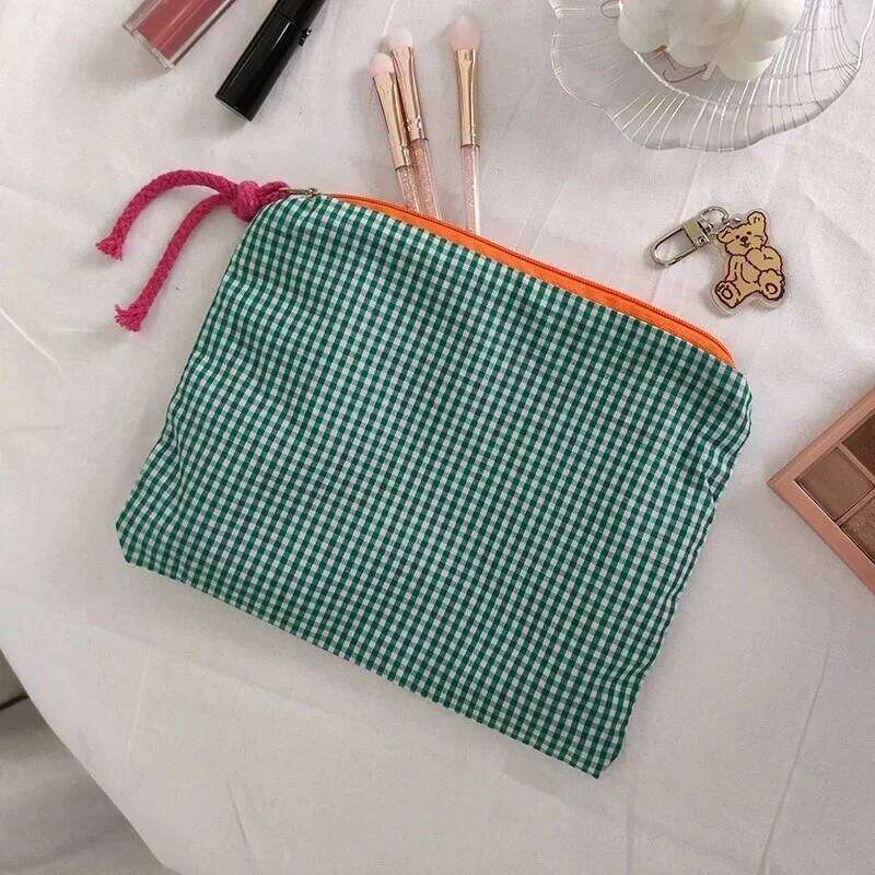 Women Girls Plaid Makeup Cotton and Linen Cosmetic with Zipper Pouch Simple Portable Large Capacity Storage Bag Fashion