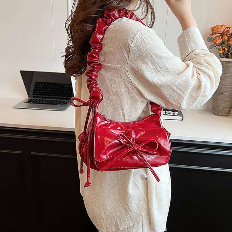 Cute Bow Design PU Leather Crossbody Bags for Women 2026 Y2K Trend Fashion Pleated Shoulder Bag Lady New Handbags and Purses
