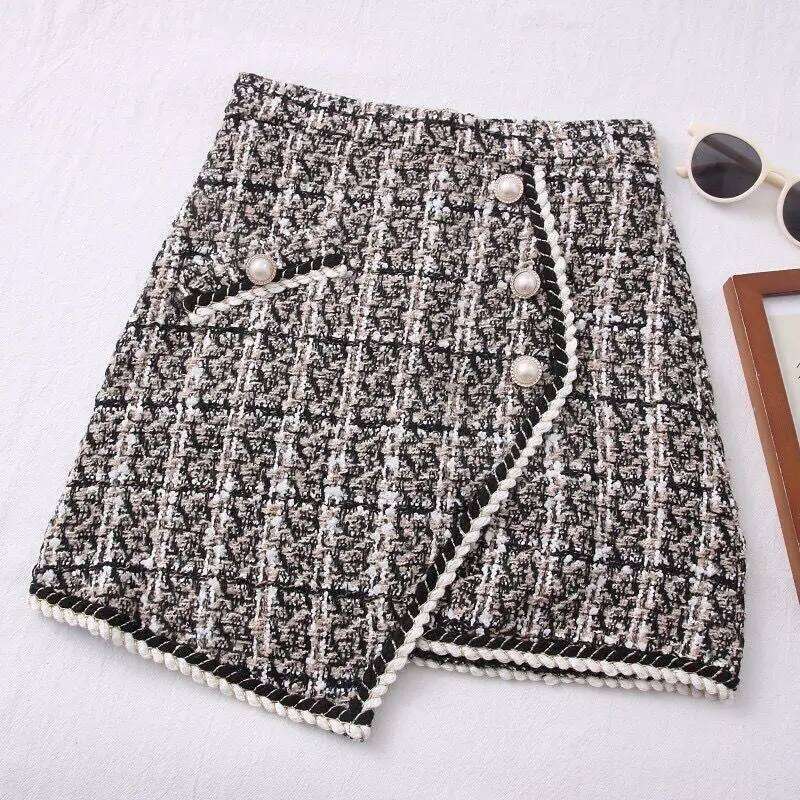 for Women Solid High Waist Slimming Skirts Autumn Spring 2021 Buttons Double Breasted Tweed Wool Mini Skirt XJ260131