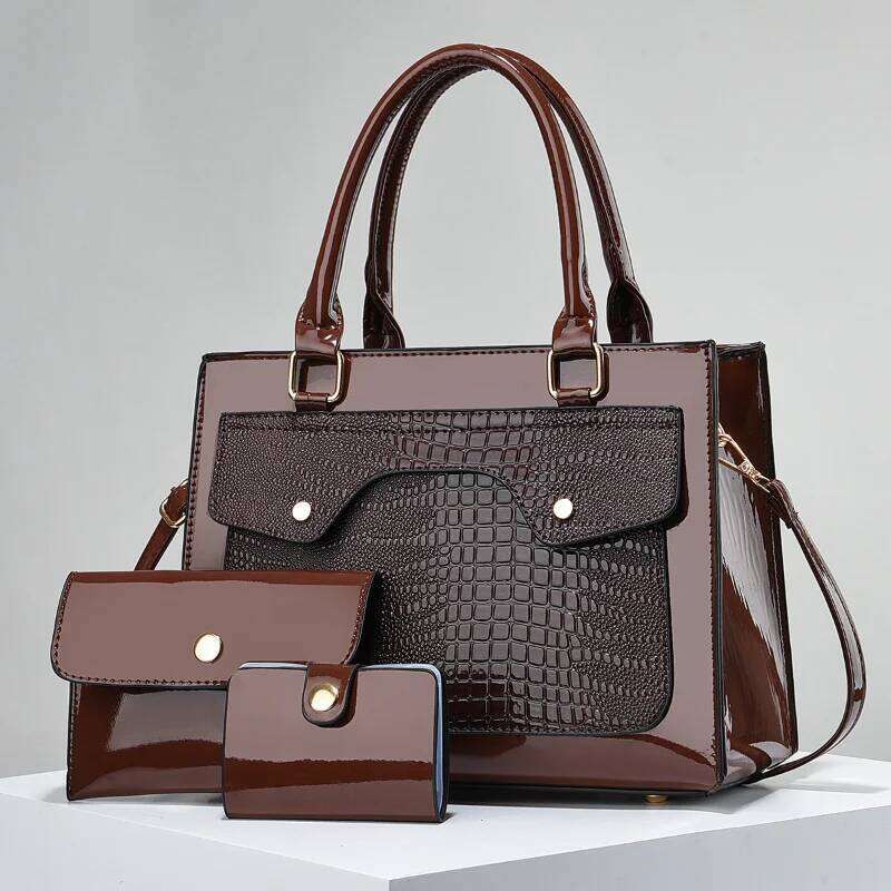 Women's fashion simple crocodile texture leather bag three-piece set wallet card case handbag